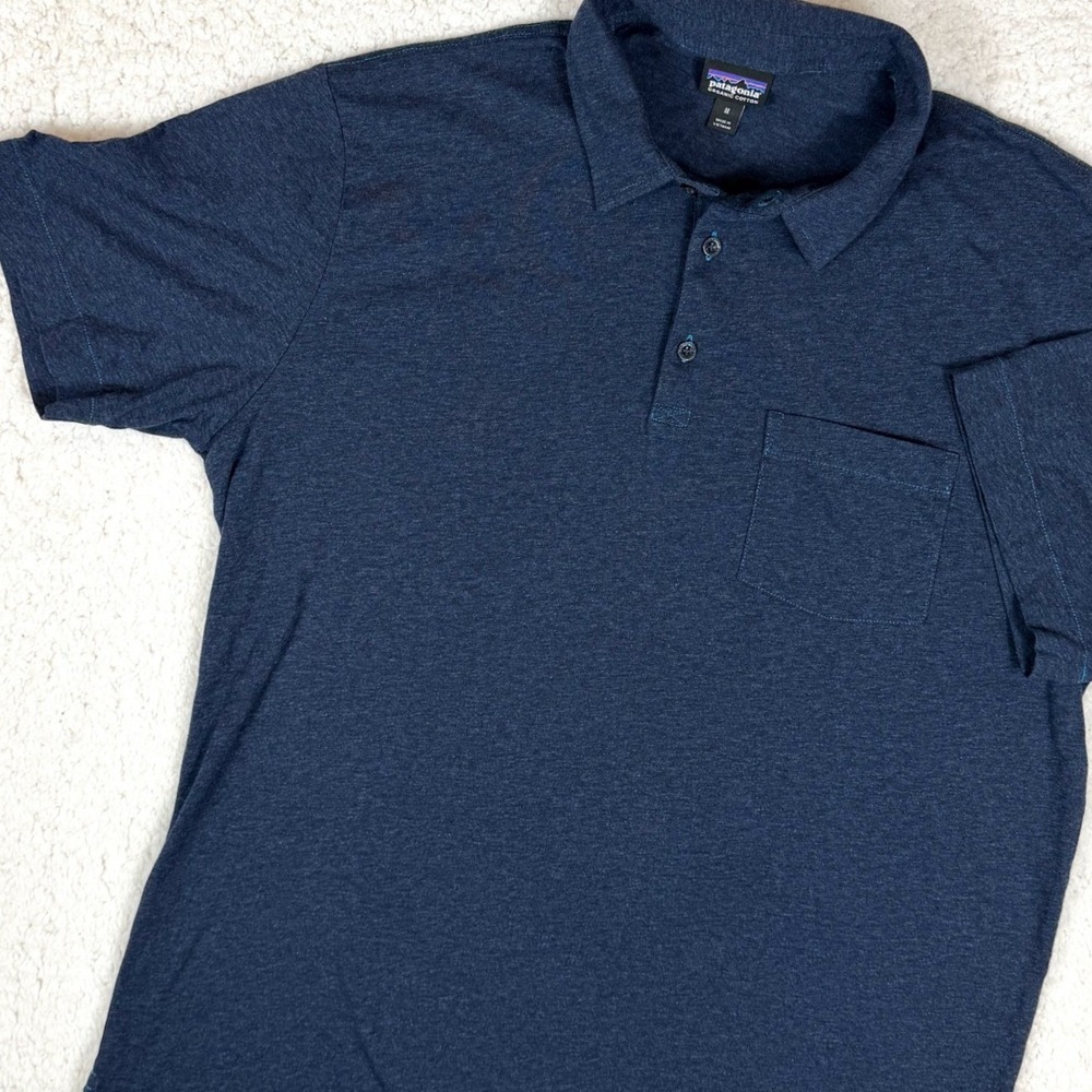 Patagonia Mens Medium Organic Cotton Short Sleeve Polo Shirt Navy Blue Heather